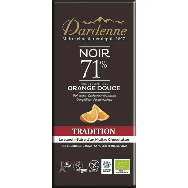 Chocolat NOIR aux Huiles Essentielles d’ORANGE DOUCE 70g Dardenne